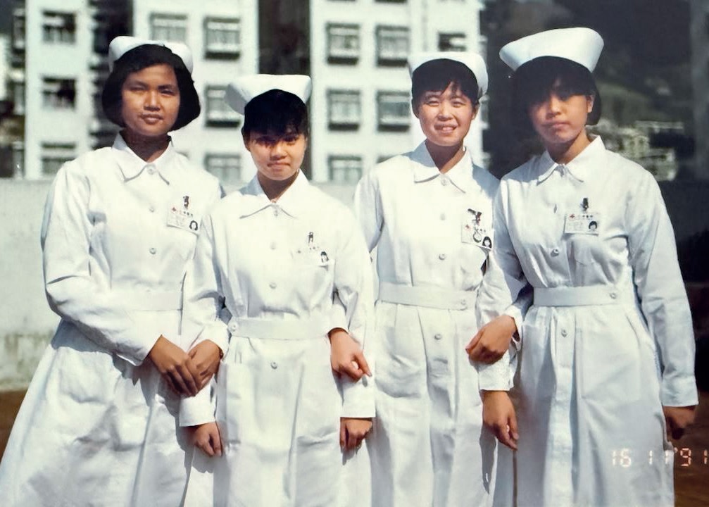 Students from the first nursing class on the school building’s podium in 1991.